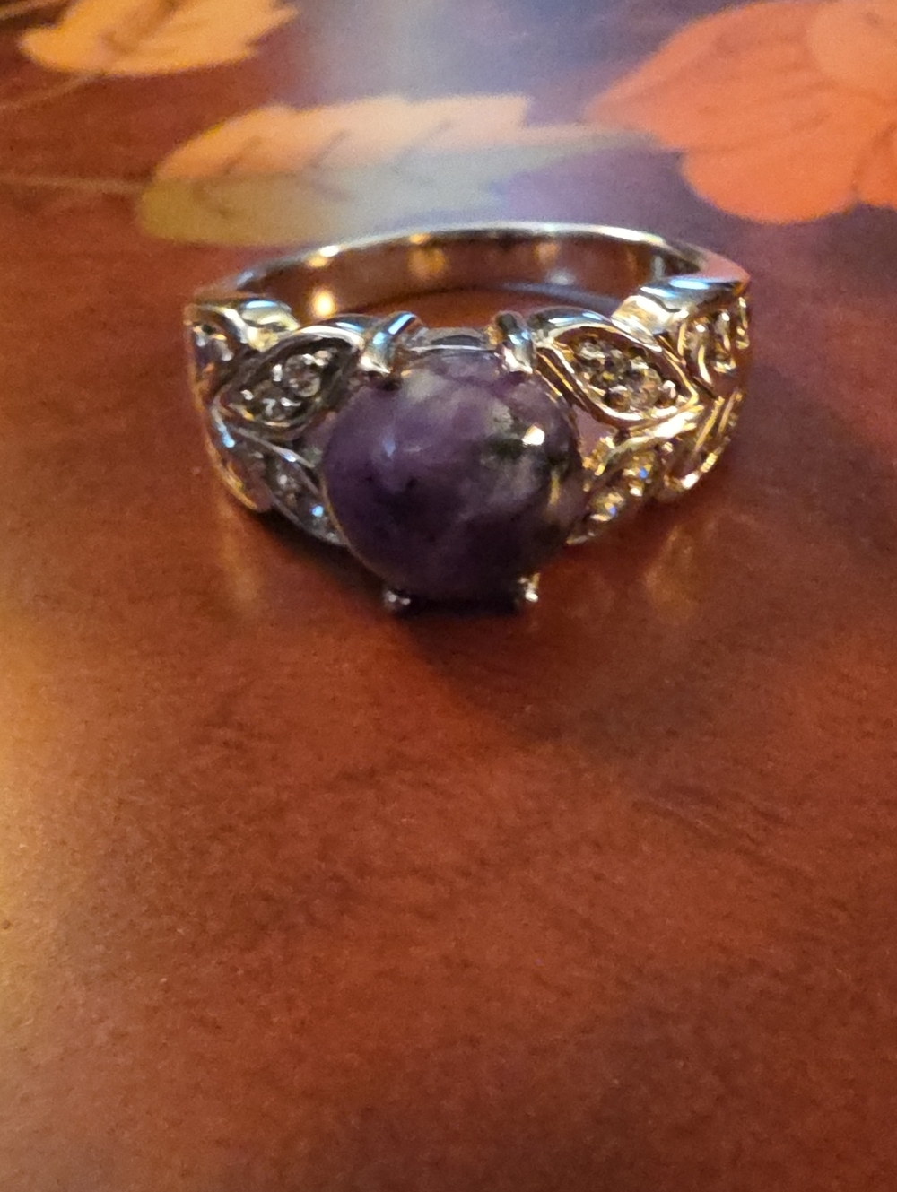 JTV Charoite White Zircon Rhodium Over Silver Ring Size 10 - Picture 2 of 9